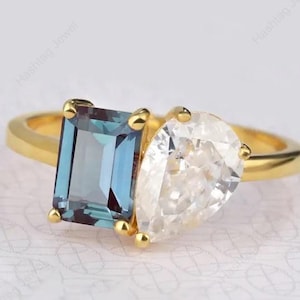 Smaragd & Birne Alexandrit Moissanite Toi Et Moi Ring - Sterling Silber