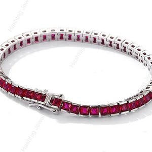 Ruby Tennis Bracelet, Princess Cut Lab Created, 925Silver Gold Plated Wedding Jewelry for Women