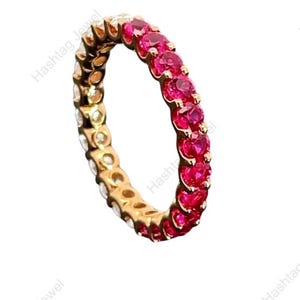 Round Shape Lab Ruby & Moissanite Full Eternity Wedding Band - 925 Sterling Silver Anniversary Jewelry