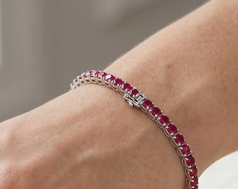 925Sterling Silver Ruby Bracelet - Round Cut 3mm Lab Created Anniversary / Wedding /Birthday Gift Jewelry