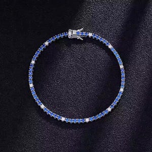 Blue Sapphire Tennis Bracelet: Sterling Silver Lab Moissanite Bridal Jewelry