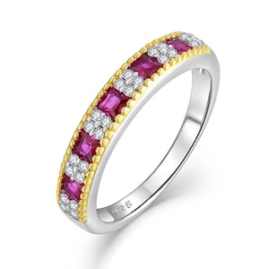 Demi-anneau d&#39;éternité diamant rubis : Alliance en argent sterling taille princesse