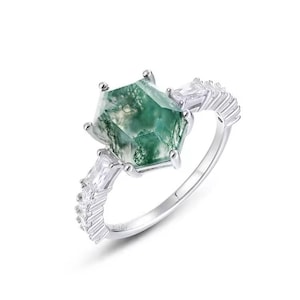 Elongated Hexagon Moss Agate and Diamond Ring, 925 Sterling Silver