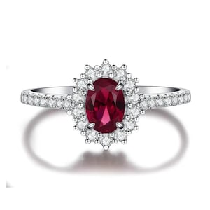 Oval Lab Ruby & Moissanite Halo Ring: 925 Sterling Silver, Vintage Style