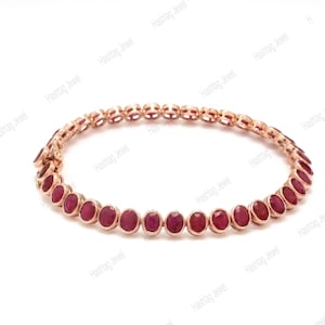 Bracciale tennis con rubino sintetico - Forma ovale, placcato oro 925, gioiello da sposa fatto a mano
