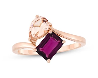 Elegant Toi et Moi Smaragd-Cut Lab-Created Rhodolith Granat & Morganit Verlobungsring in 925 Sterling Silber, Muttertagsgeschenk