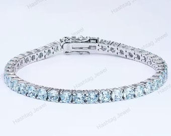 December Birthstone Bracelet, Rouund Cut Sky Blue Topaz Jewelry, Handmade Tennis Bracelet for Women