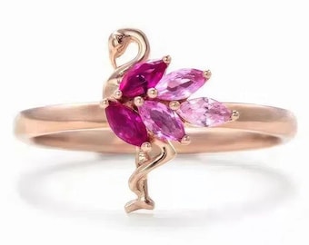 Marquise Form Sterling Silber Flamingo Ring: Rosa Topas & Saphir Vogel Schmuck