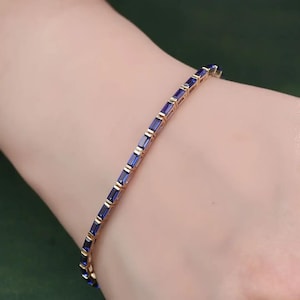 Baguette Lab-Created Blue Sapphire Tennis Bracelet 925 Sterling Silver Handmade Wedding Bracelet For Her