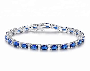 Ovalschliff Labor erstelltes Blau Saphir & Moissanit Tennis Armband - 925 Sterling Silber | Prong Set elegantes Armband für Frauen | Geschenk für sie
