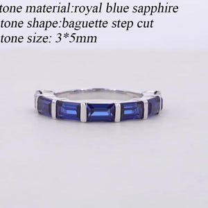 Baguette Blue Sapphire Wedding Band: Sterling Silver Half Eternity Ring