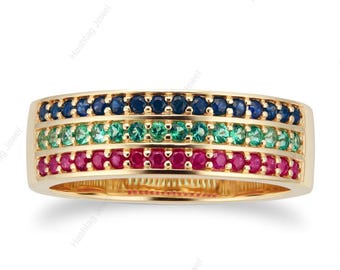 Lab Created Ruby , Emerald & Sapphire Band -  925Sterling Silver Half Eternity Handmade Jewelry For Her