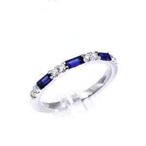 Baguette Lab Blue Sapphire Diamond Wedding Band, Sterling Silver Half Eternity Ring