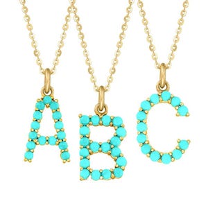 Collar con colgante de letras del alfabeto de la A a la Z con turquesa natural y cabujón redondo en plata de ley 925: joyería con letras iniciales personalizadas para mujer