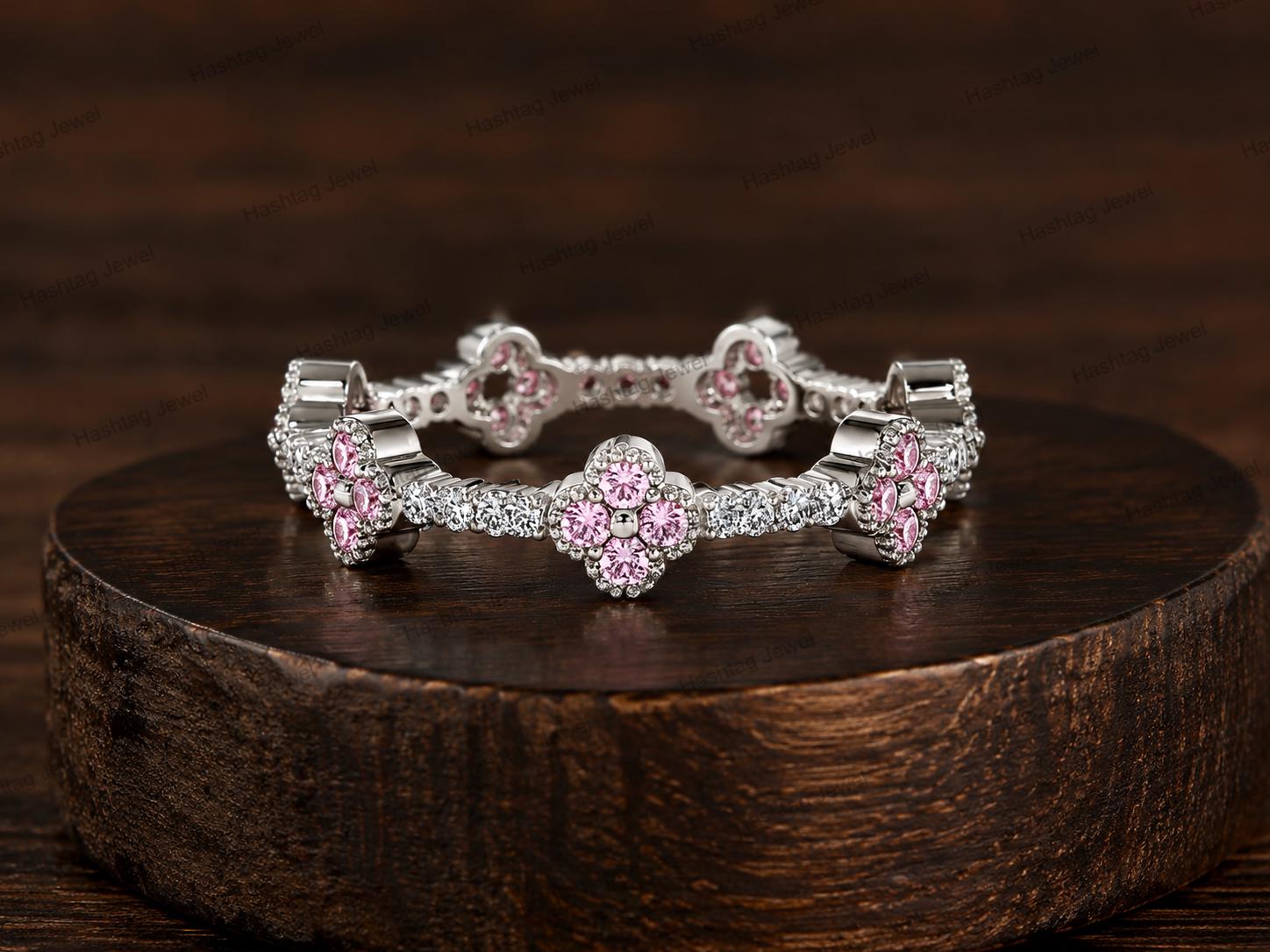 Pink Clover Wedding Band, 925Sterling Silver Moissanite Ring, Floral…