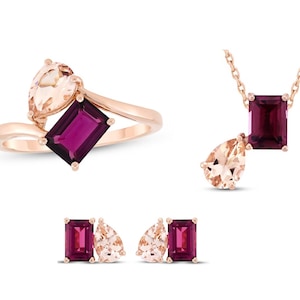 Toi et Moi Garnet & Morganite Jewelry Set: 18K Gold Plated Silver