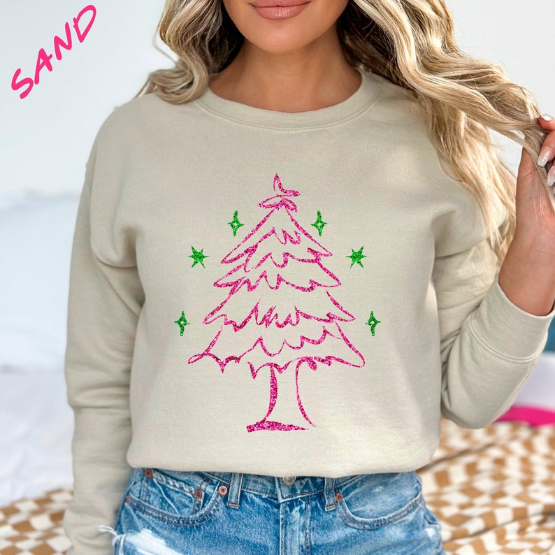 Pink Glitter Christmas Tree Sweatshirt, Glitter Tree Shirt, Holiday Sweatshirt, Holiday Crewneck