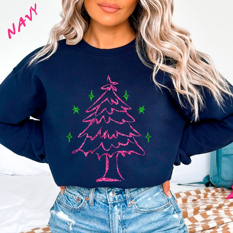 Pink Glitter Christmas Tree Sweatshirt, Glitter Tree Shirt, Holiday Sweatshirt, Holiday Crewneck