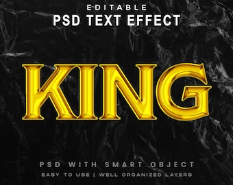 Może przedstawiać: Edytowalny efekt tekstu PSD ze słowem "KING" w złotej, trójwymiarowej, tłoczonej formie na czarnym, teksturowanym tle. Efekt tekstu jest łatwy w użyciu dzięki dobrze zorganizowanym warstwom.