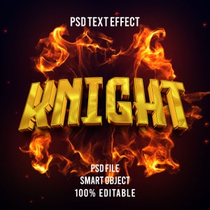 May include: A 3D text effect with the word "KNIGHT" in gold letters with a metallic sheen. The letters are set against a background of swirling orange and red flames.