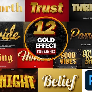 12 PSD 3D Gold Text Effects Bundle | for Adobe Photoshop | Premium Gold text effects | Poster PSD Font Editable Title Bundle Luxury Pack