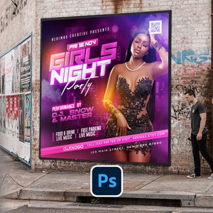 May include: A pink and purple poster advertising a "Girls Night Party" on Friday, November 16th. The poster features a woman in a black dress and the text "Performance by DJ Snow & Master".