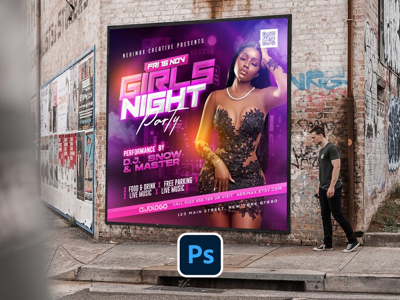 May include: A pink and purple poster advertising a "Girls Night Party" on Friday, November 16th. The poster features a woman in a black dress and the text "Performance by DJ Snow & Master".