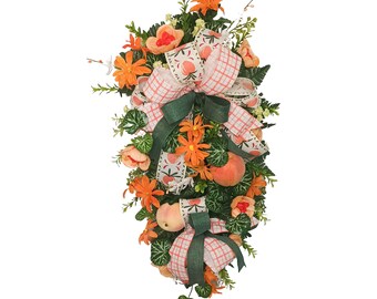 Peach Wreath for Front Door, Summer Peach Floral Swag, Summer Decor for Outside, Summer Swag with Peach, Coral Flowers with Peach Ribbon Bow
