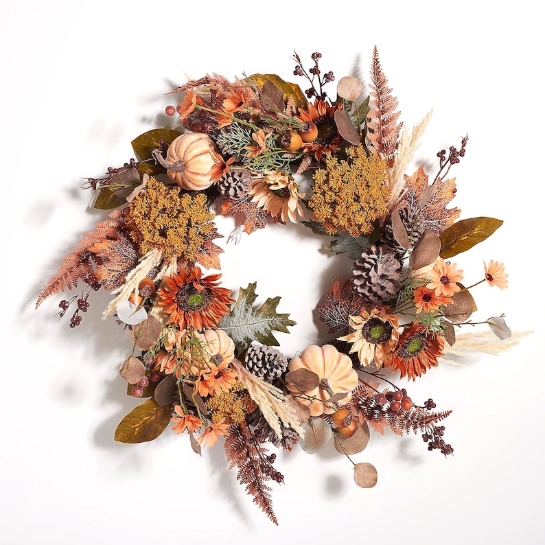 28-inch Decorative Artificial Oak Leaf & Pumpkin Wreath with Pine Cones