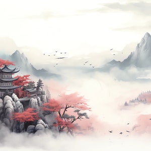 Chinese Ink Style Mountains and river. Digital print.