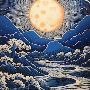 Sunrise in Ukiyo-e style, Digital Art Print, AI Generated, Midjourney, Wall Art, AI Art, Digital Download, Home Decor, Printable