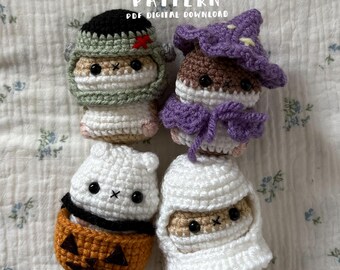 Schema per criceto all'uncinetto senza cuciture e con cuciture basse / Amigurumi di Halloween in PDF / Fantasma, Zucca, Strega, Frankenstein