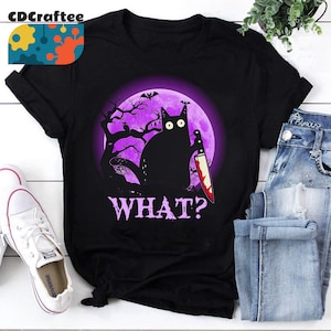 WHAT Murderous Cat With Knife Halloween Costume T-Shirt WHAT Murderous Cat With Knife Halloween Costume T-Shirt