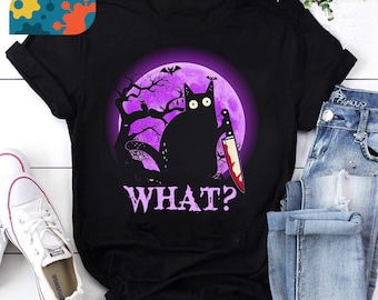 Wat moorddadige kat met mes grappig T-shirt Halloween-kostuum, shirt kat met mes, Halloween-shirt, shirt zwarte kat
