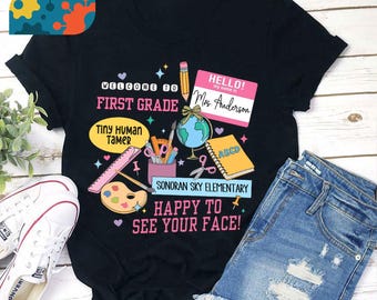 Nom de l'enseignant personnalisé, nom de l'école et icône des fournitures scolaires, T-shirt de l'enseignant, chemise de la maternelle, chemise de l'enseignant, cadeau pour l'enseignant