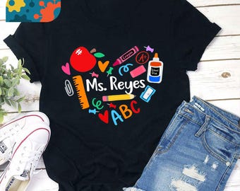 Nom personnalisé coeur pomme crayon règle enseignant T-shirt, chemise coeur, chemise maternelle, chemise enseignant, cadeau pour enseignant