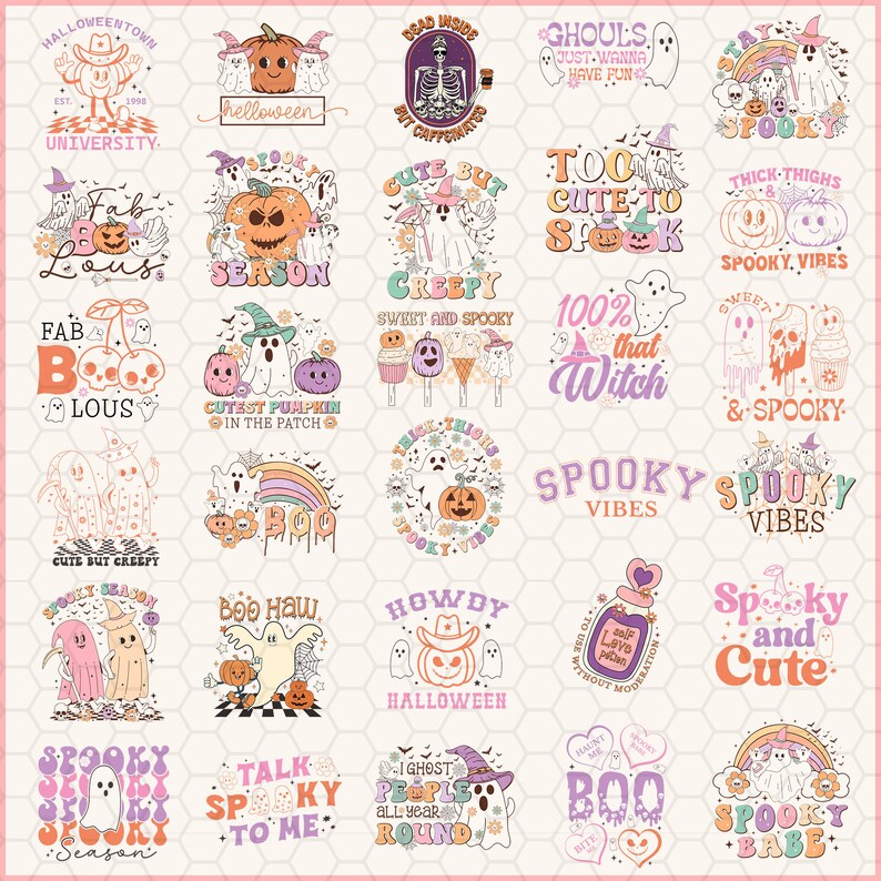 May include: A collection of 20 colorful Halloween-themed designs featuring ghosts, pumpkins, and spooky sayings. The designs are perfect for creating t-shirts, mugs, tote bags, and other merchandise.