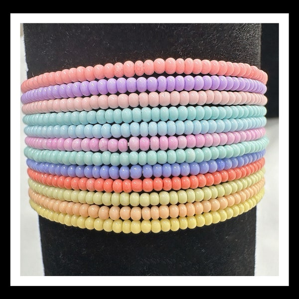 Dainty Pastel Rainbow beaded stretch bracelets- Set of 12- Czech glass seed beads-Spring Bracelet, Mother's Day, Kids, and adults Stackable.