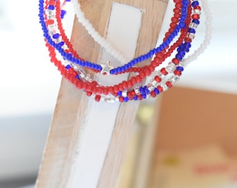 Patriotic Beaded Stretch Bracelet Set, Czech Seed Beads, 4th of July