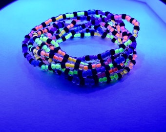 Neon Rainbow Seed Bead Bracelet, Luminous Black Light Rave Bracelet