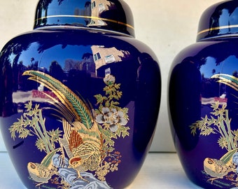 Vintage Pair of Porcelain COBALT BLUE GINGER Jars with Golden Pheasant Gilt Design in Pristine Condition!