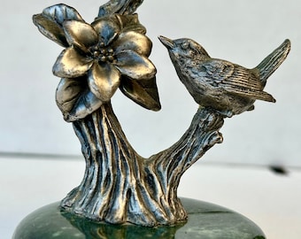 Vintage GEORGE GOOD Cast-Pewter Sparrow SCULPTURE, Mounted on Circular, Jade Green Marble Base, A Great Paperweight!