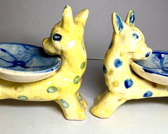 Pair of Scarce, Vintage, Collectible, Made in Japan, Pre-WWII (late 1930s-early 1940s)  Spotted Dog SALT CELLARS!
