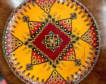 Vintage 1970s ROMANIAN WOOD PLATE, Beautiful Diamond-Square Pattern, Intricately Hand Carved and Painted!