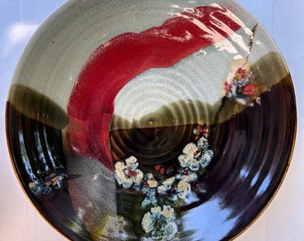 Spectacular JAN WAX Original SIGNED 13&quot; Japanese-inspired Tenmoku Celadon Copper Red Shallow Stoneware Centerpiece Fruit Bowl!