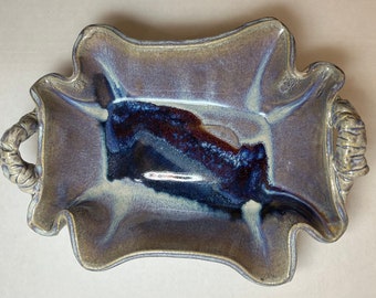 Signed, Glazed,Slab-Built HANDMADE STONEWARE TRAY w/ Red-Blue-Purple Interior Drip Glaze!
