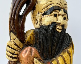 Vintage 1970s Hand-Painted Ceramic Statue of SHOU LAO, Chinese God of Longevity!