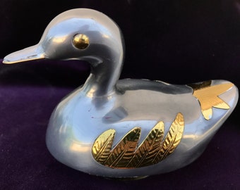 Hong Kong Vintage PEWTER DUCK Trinket Dish with Polished Brass Feathers