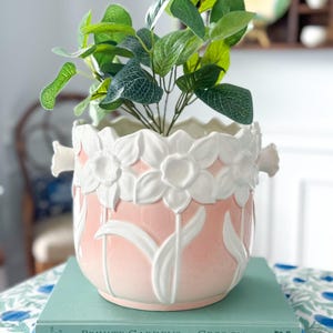 May include: A pink and white ceramic planter with a floral design, holding a green plant. The planter is decorated with white daffodils and leaves. The planter is sitting on top of two books.