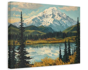 May include: A painting of a snow-capped mountain range reflected in a still lake. The mountain peaks are white with snow and the surrounding hills are green. The lake is a light blue color and the sky is a pale blue.
